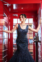NAVY BLUE FISH CUT GOWN WITH SELF SEQUINS EMBELLISHMENT AND CUT WORK DETAILING