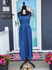 Denim Maxi Dress with Bow Straps-How Cute is That? Boutique