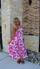 Blu Pepper Brush Stroke Print Tiered Midi Dress