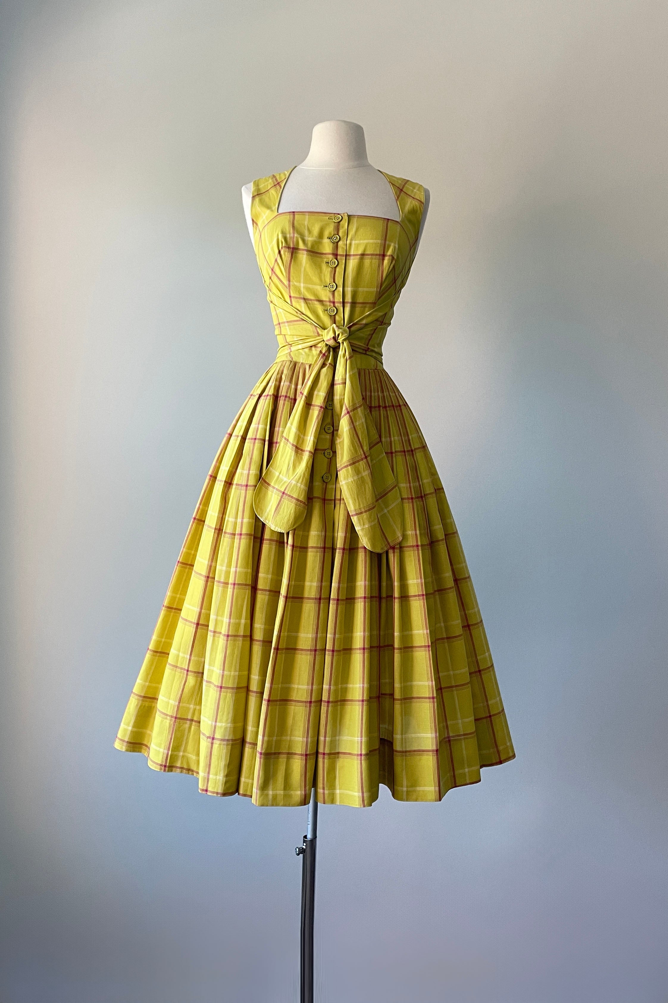 1950s Golden Yellow Plaid Cotton Dress by Carolyn Schnurer | XS/S