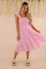Pink and White Gingham Dress- Women's Pink Gingham Midi Dress- Umgee Dresses
