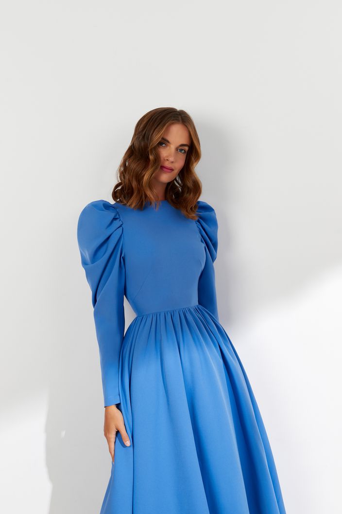 Ivory Elegant High Neck Long Sleeves Blue Evening Dress
