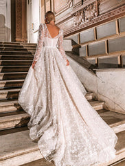 Winter Beautiful V-Neck Long Sleeves White Wedding Dress