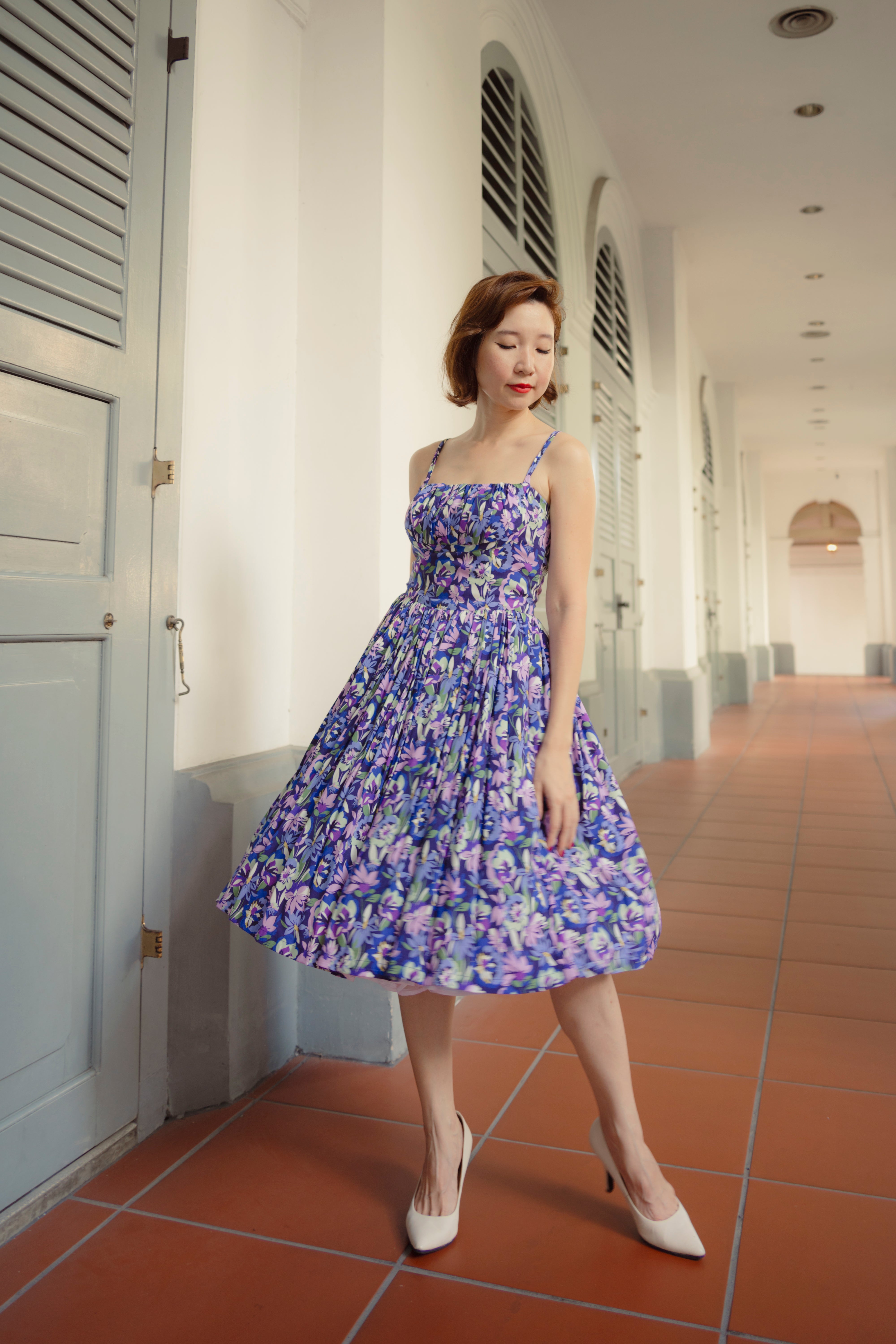 French Purple Floral Summer Swing Dress