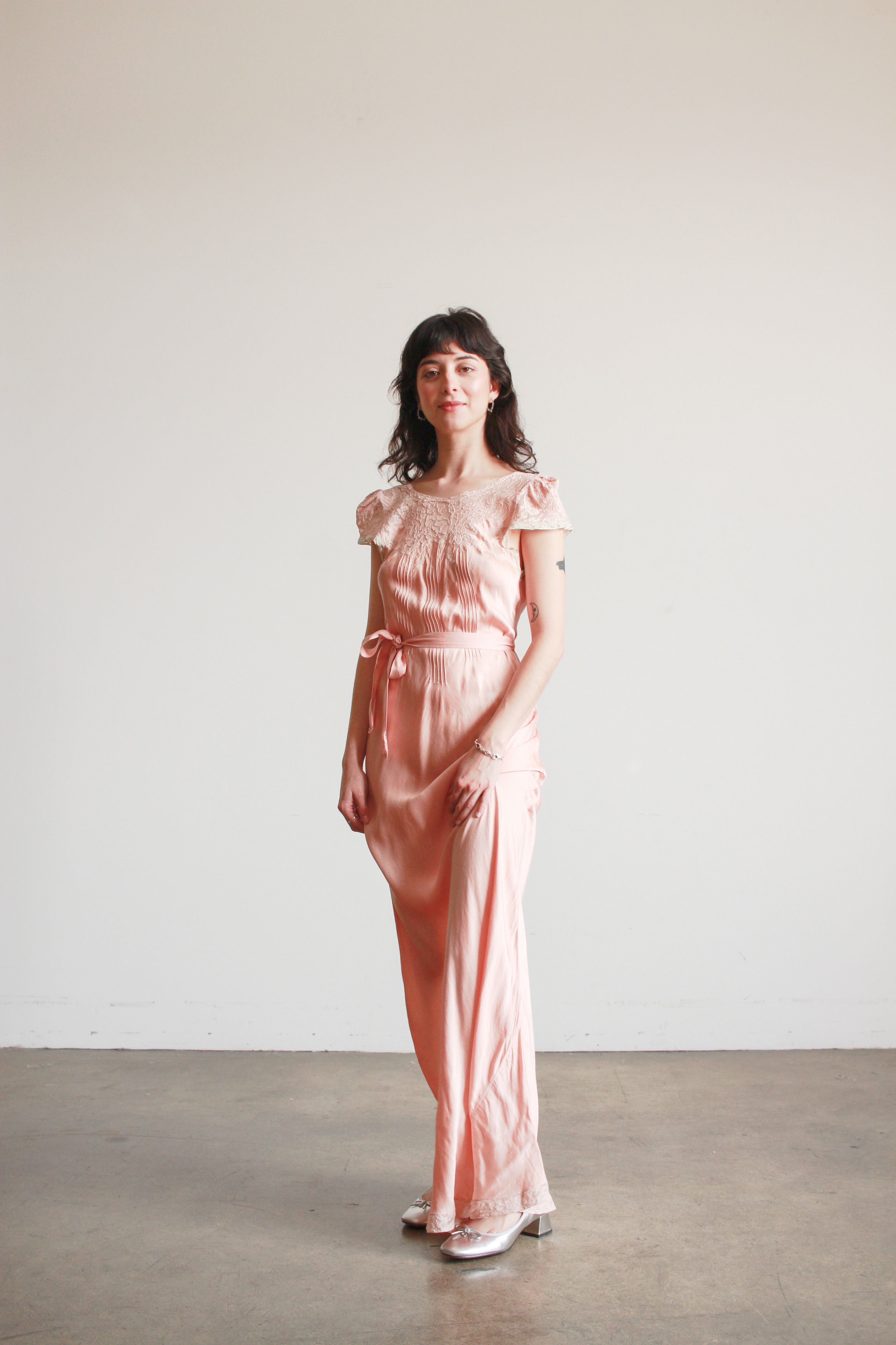 1930s Ballet Pink Silk Charmeuse Bias Cut Cap Sleeve Dress