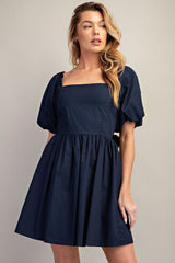 Navy Puff Sleeve Back Bow Mini Dress