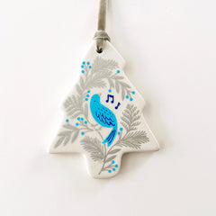 Tree Ornament - Blue Songbird - Silver Velvet Ribbon