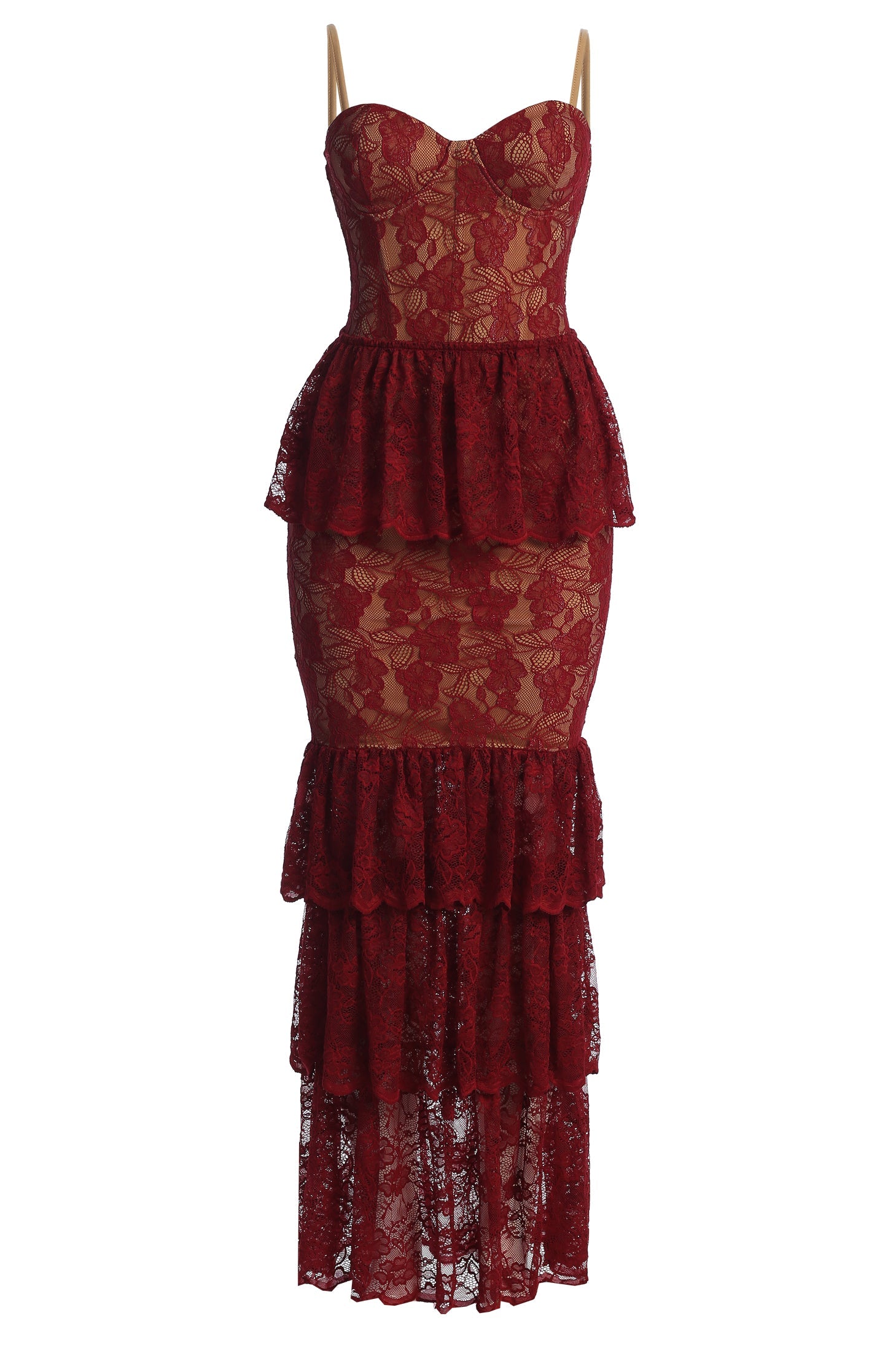 Red Fairytale Ending Lace Maxi Dress by JLUXLABEL featuring intricate lace details and flowing fabric for elegant occasions.