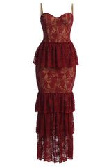 Red Fairytale Ending Lace Maxi Dress by JLUXLABEL featuring intricate lace details and flowing fabric for elegant occasions.