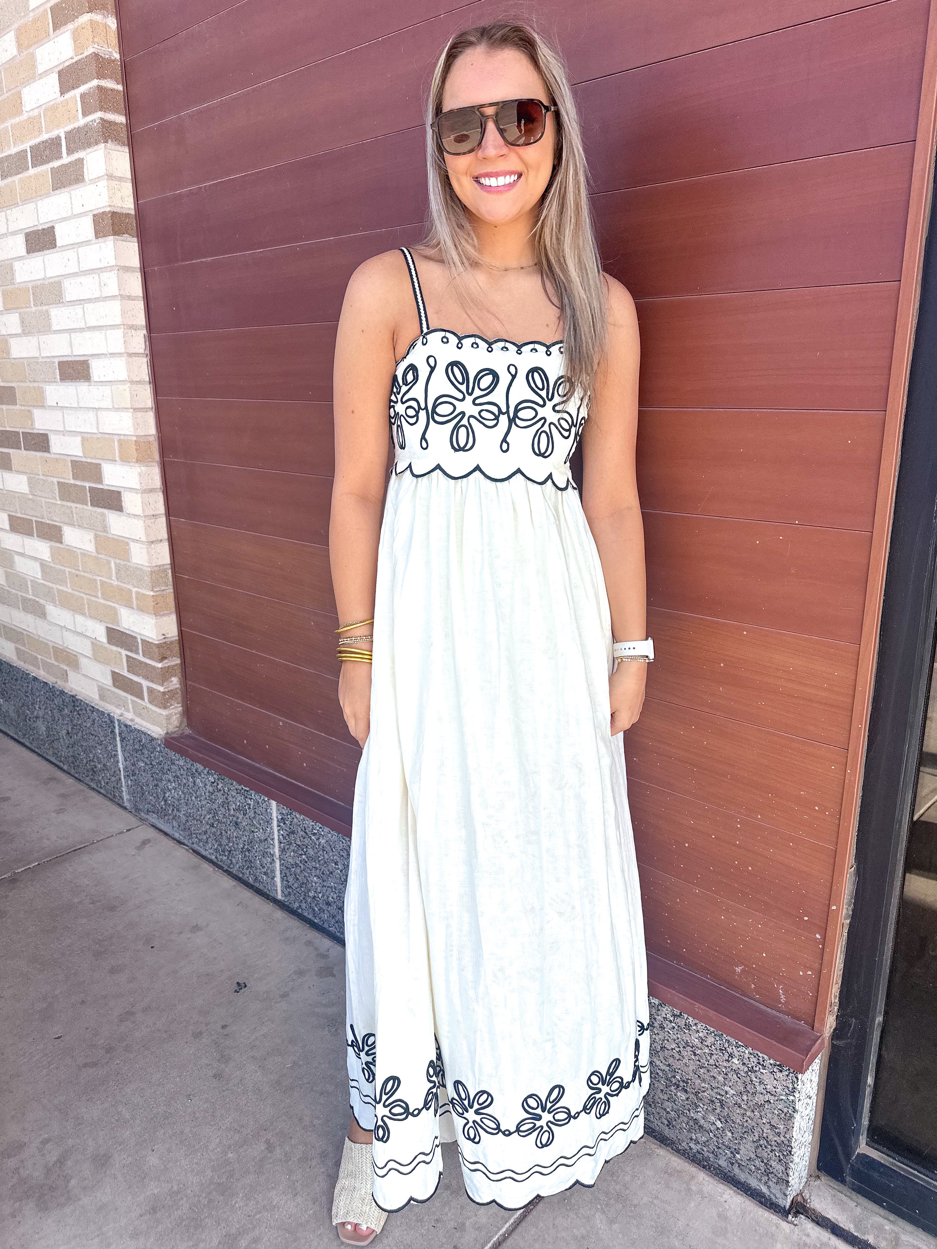 Jackie Embroidered Maxi Dress With Contrast Detail- Cream and Black-Midi/Maxi Dress-K. Ellis Boutique