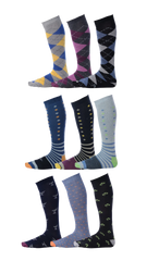 argyle diamond and patterned over the calf dress socks in light grey black grey dark blue navy and light blue colors