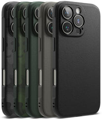iPhone 16 Pro Case | Onyx - Five iPhone 16 Pro cases in black, green, and grey textures lined up in a row.