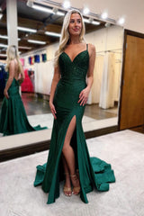 Dark Green Glitter Mermaid Open Back Long Corset Beaded Prom Dress