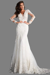 Jovani Bridal JB02579 Long Sleeve Lace Mermaid Wedding Dress Backless V Neck Floor length form fitting ivory lace wedding dress JB02579 features flare bottom skirt with long train and fitted long sleeve bodice with low V neck. Available Sizes: 8 Available Colors: Ivory