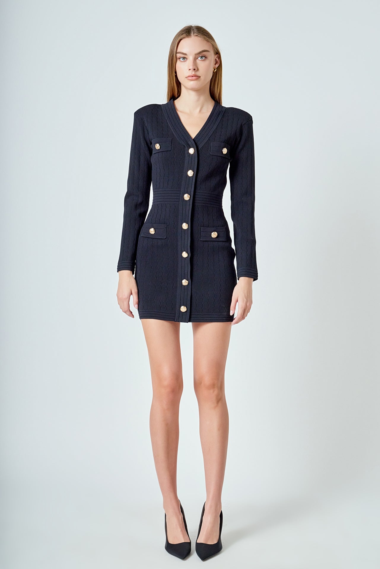 V-neck Long Sleeve Knit Mini Dress