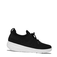 Women's FitFlop SUPER-Q Knit Slip-On Laced Sneaker BLACK WHITE JM1-001