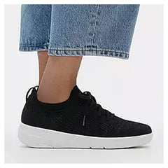 Women's FitFlop SUPER-Q Knit Slip-On Laced Sneaker BLACK WHITE JM1-001