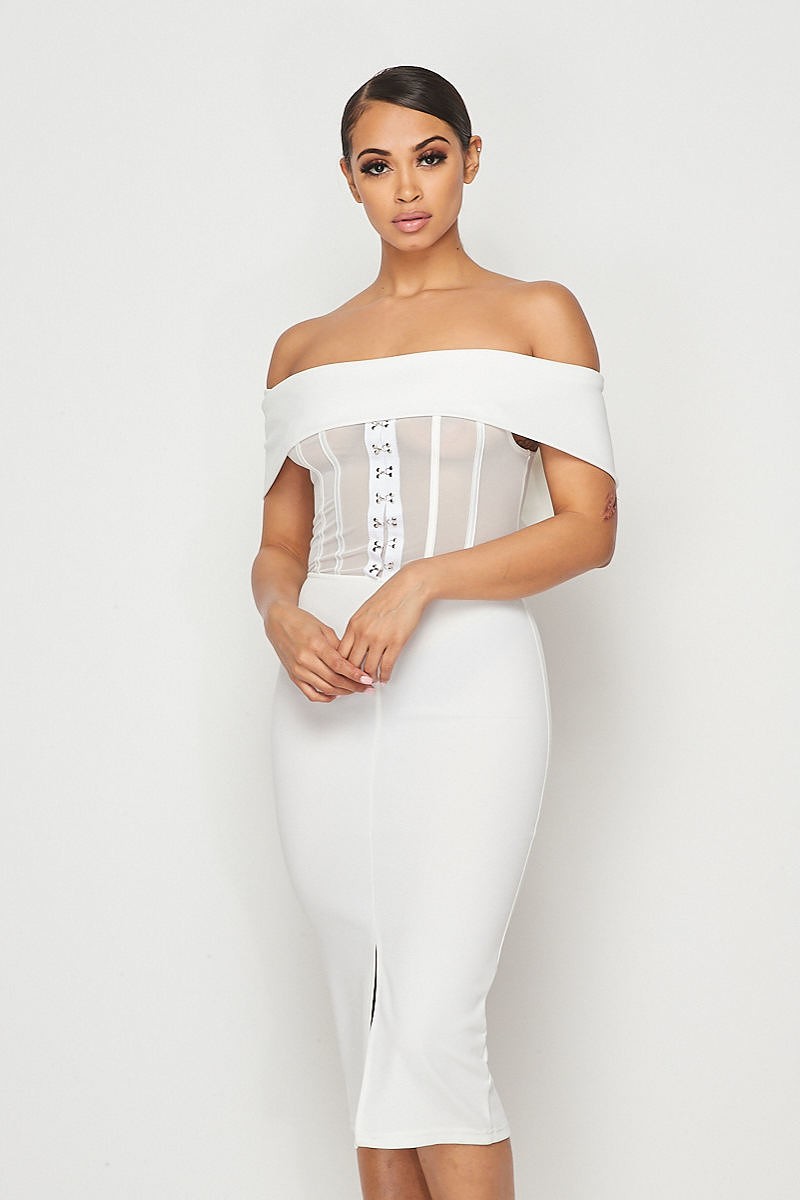 White Mesh Hook & Eye Off Shoulder Bodycon Midi Dress - steven wick