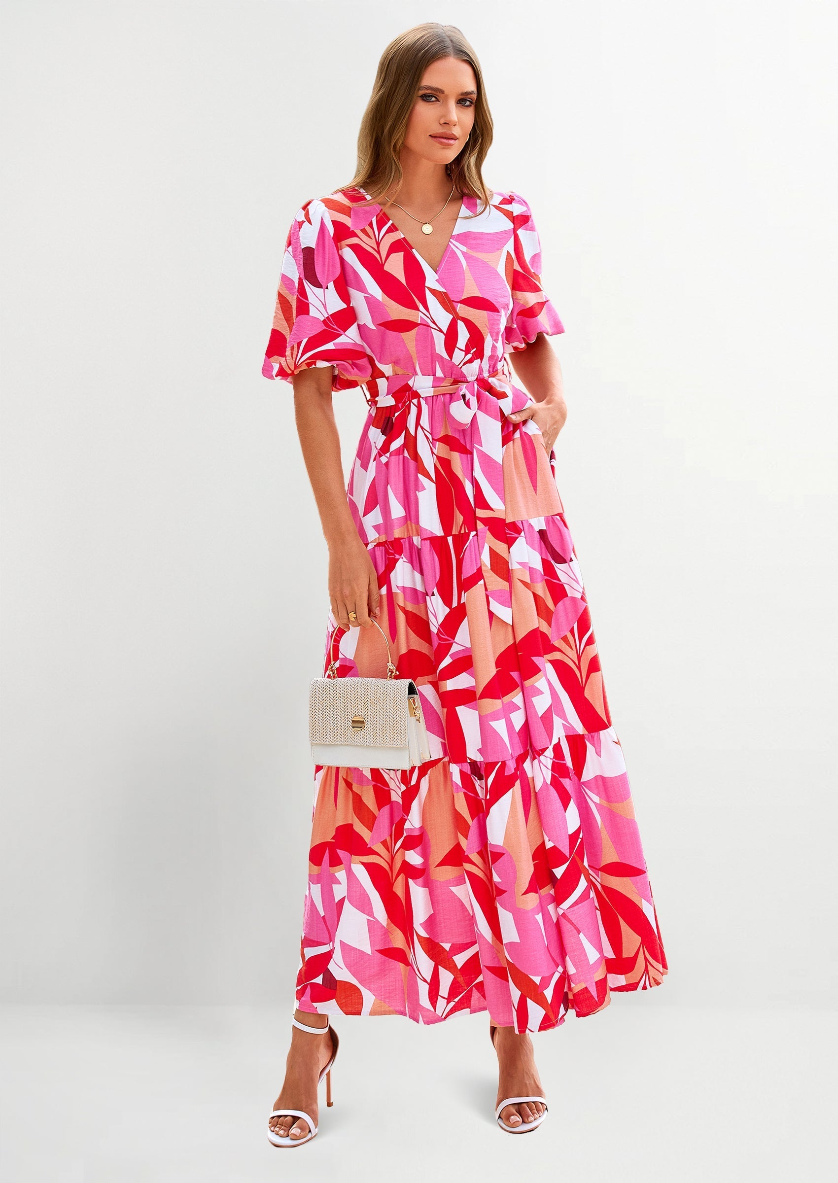 PRETTYGARDEN Women's Maxi Dress Resort Wear Boho Floral V Neck Puff Short Sleeve Ruffle Flowy Beach Long Dresses PRETTYGARDEN