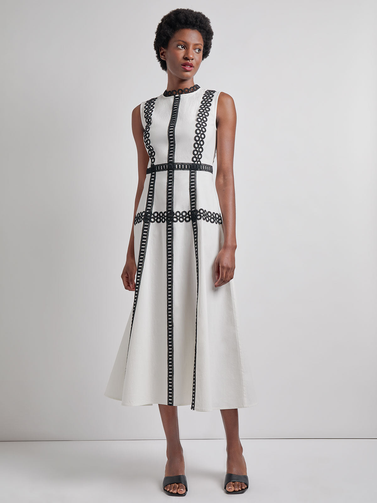 Modern Fit & Flare Cotton Eyelet Trim Maxi Dress, White/Black | Misook