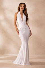 Front view of Keira White Maxi Dress wedding dress with ruched detailing