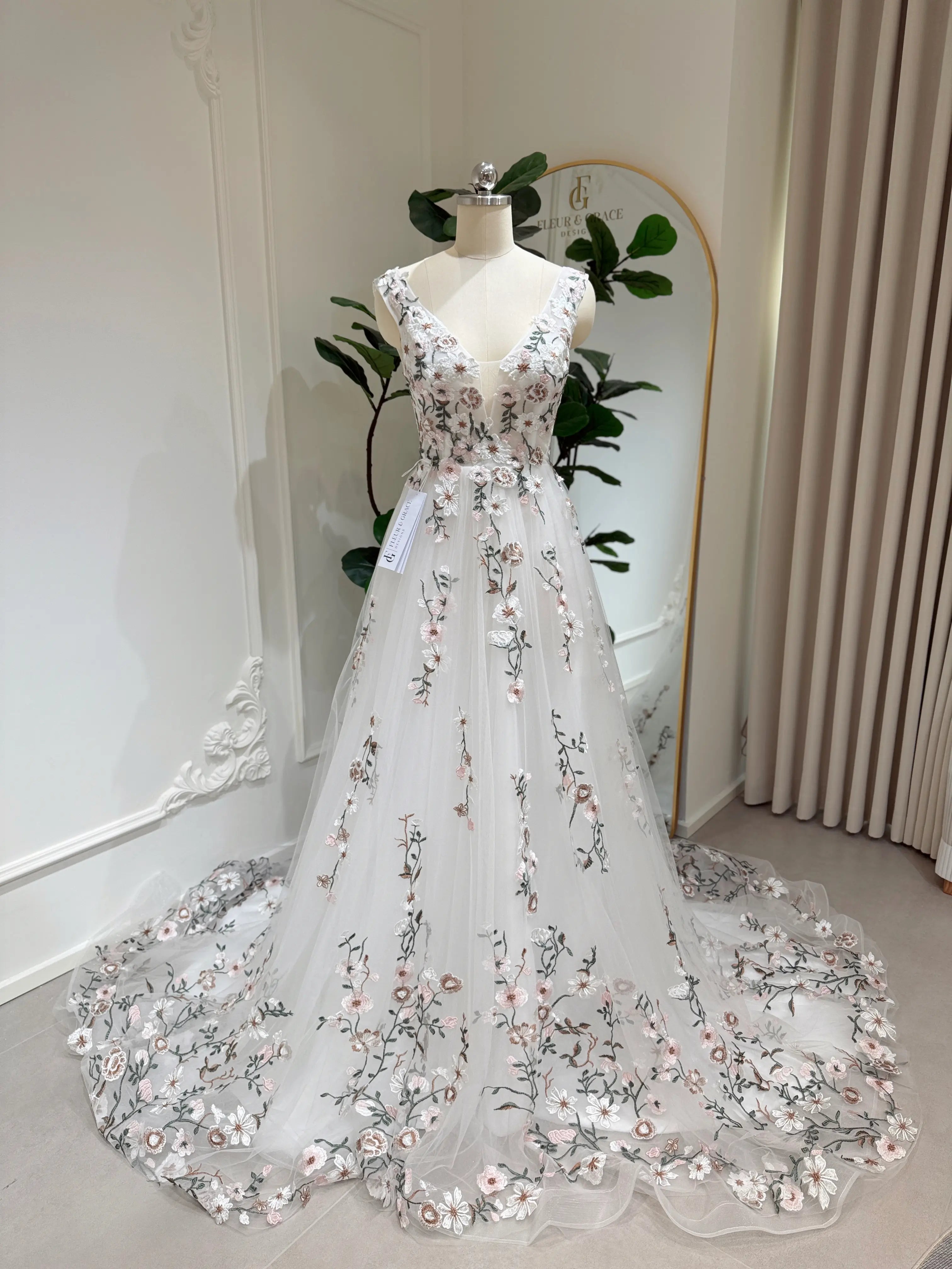 Kate Gown – Floral Embroidered Wedding Dresses with Pockets & Lace‑Up Back by Fleur&Grace Designs