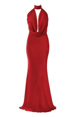 Deme By Gabriella Kathy red satin backless gown displayed on a hanger with flowing fabric and elegant design.
