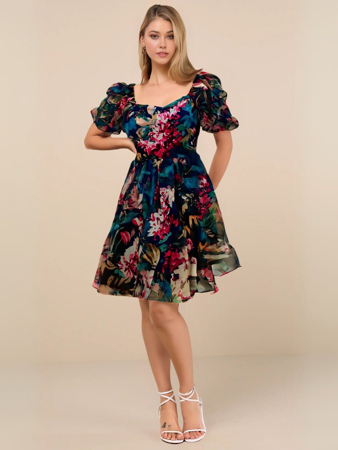 Floral Drama Puff Sleeve Organza Mini Dress π