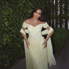 Luxury Yellow Beaded Tassel Off Shoulder Evening Dress LA73614 - SERENE HILL