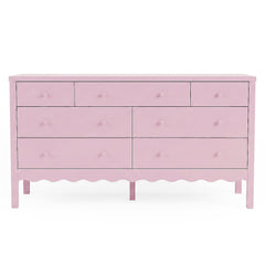 Pink dresser with eight drawers on white background