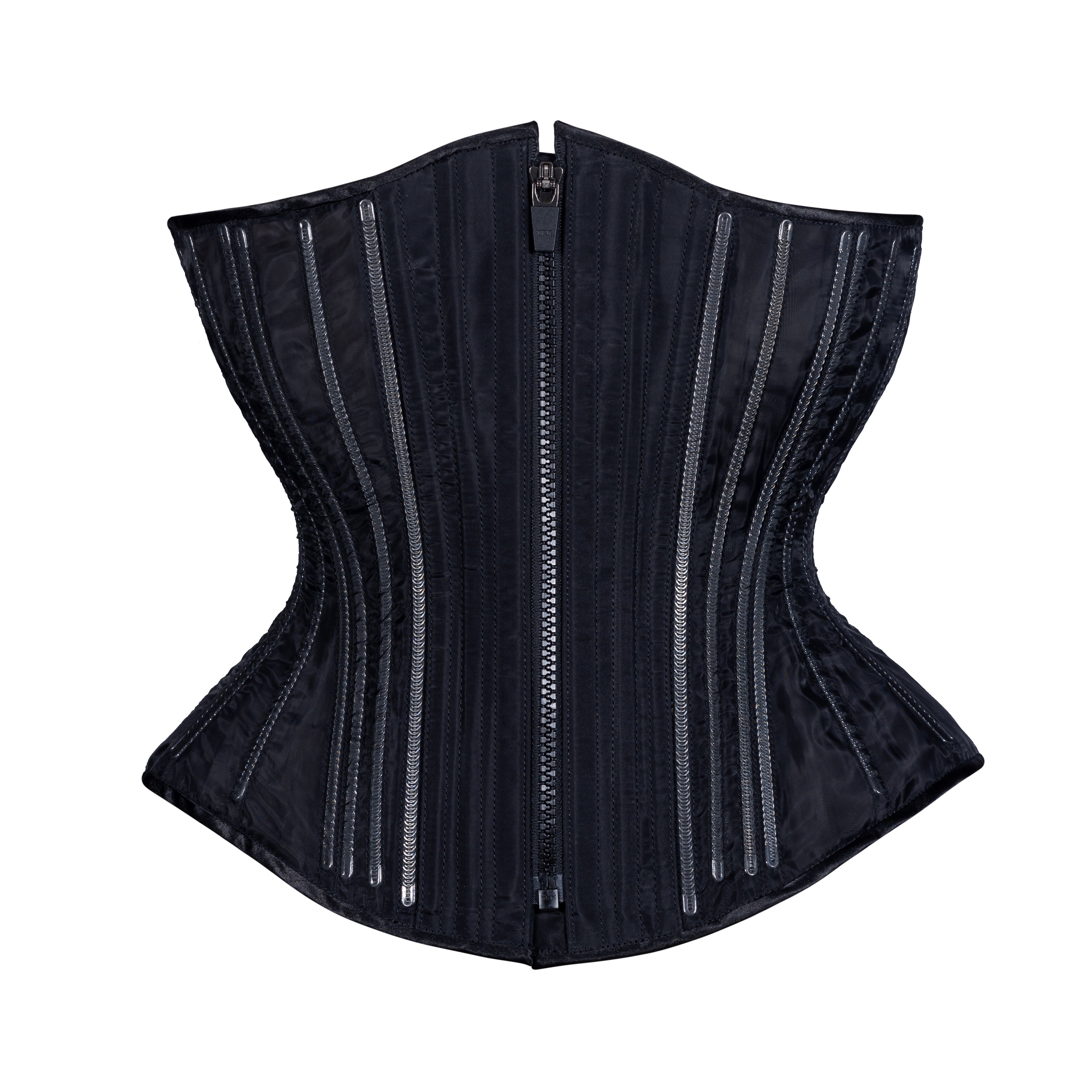 Black Fine Mesh No Line Corset, hourglass silhouette, regular underbust length, front view with black zipper closure
