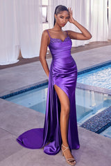 Elevate your prom night with the Ladivine CD340 Long Satin Slit Overskirt Prom Dress. This formal pageant gown is fitted and ruched, creating a flattering silhouette. The satin material and slit overskirt add elegance and sophistication. Make a statement with this must-have dress.