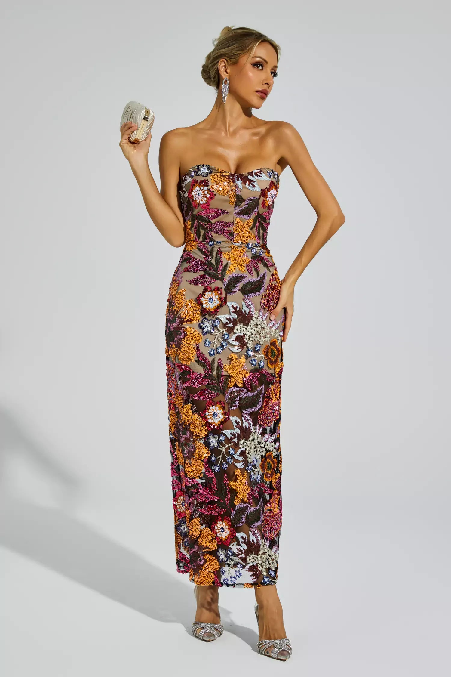 Leanna Orange Flower Embroidered Maxi Dress
