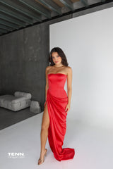 Lia Stublla Custom Bianca Gown Hire in Red – Exclusive Tenn Design with Boned Corset, Dropped Waist, and Thigh-High Slit.