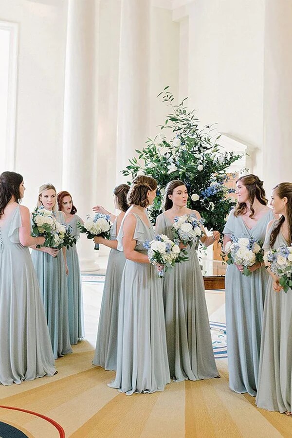 Light Blue Chiffon A-line V-neck Bridesmaid Dresses, Wedding Party Dress, MBD235 | bridesmaid dresses near me | cheap bridesmaid dresses | wedding guest dress | musebridals.com