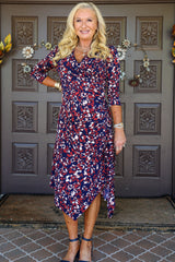 London Times For Maggy London Dress In Navy And Rust-Midi Dresses-London Times-Deja Nu Boutique, Women's Fashion Boutique in Lampasas, Texas