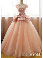 Long Sleeve Blush Pink Prom Dresses Cute Princess Sweet 16 Quinceanera Ball Gowns ARD1051-SheerGirl