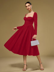 long sleeve tie back a-line dress#color_red
