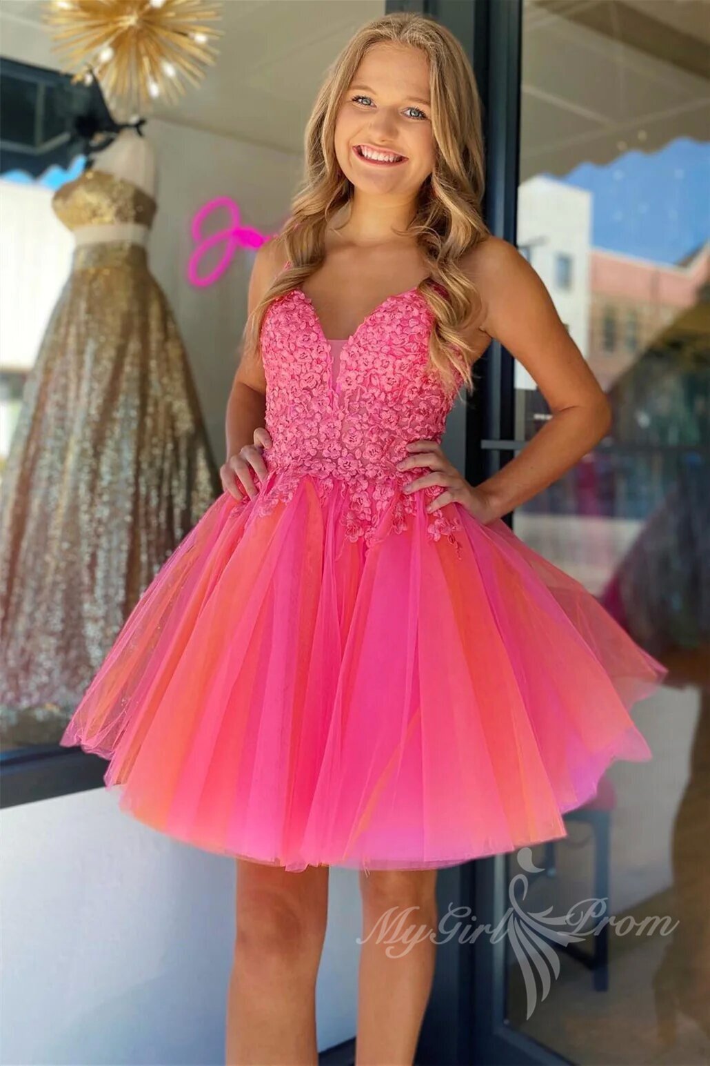 lovely pink short prom dress v neck sweet 15 party puffy skirt homecoming dress
