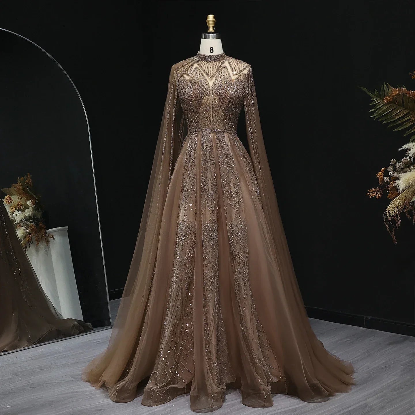 Luxury Pink Arabic Evening Dress with Cape Sleeves Gowns SS050