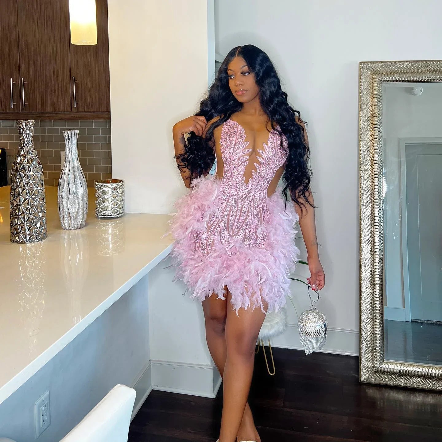 Luxury Sheer Pink Feather Dress