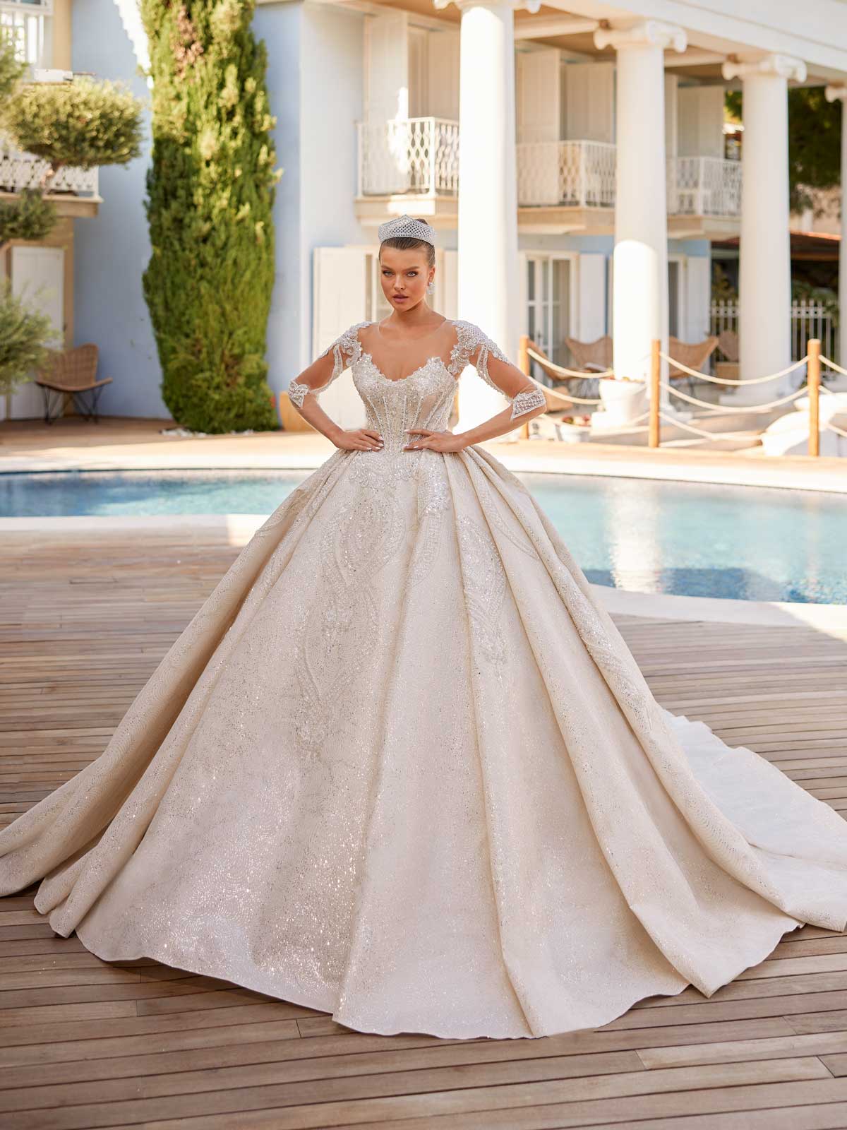 buy Fairytale Illusion Lace Sleeves Deep V Neckline Wedding Ball Dress cheap online websites for brides