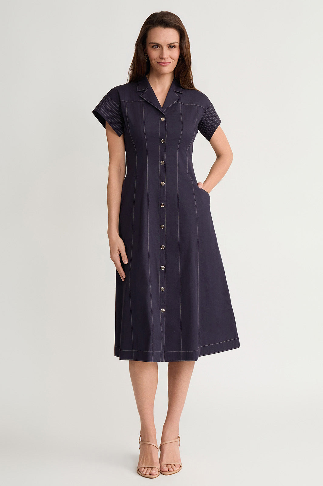 Fit-N-Flare Contrast Stitch Cotton Maxi Dress, Indigo/White | Ming Wang