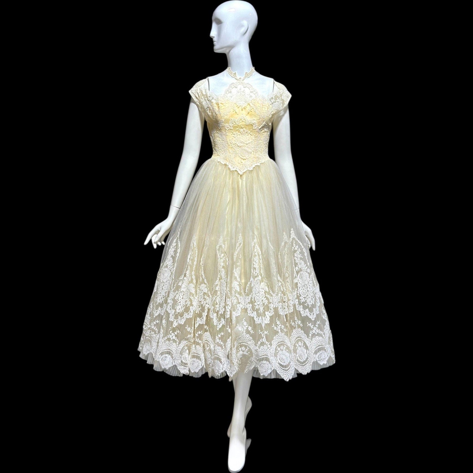 MARIE FOR PANDORA, vintage 1950s wedding dress, Lace high neck Bridal Cupcake Ball Gown