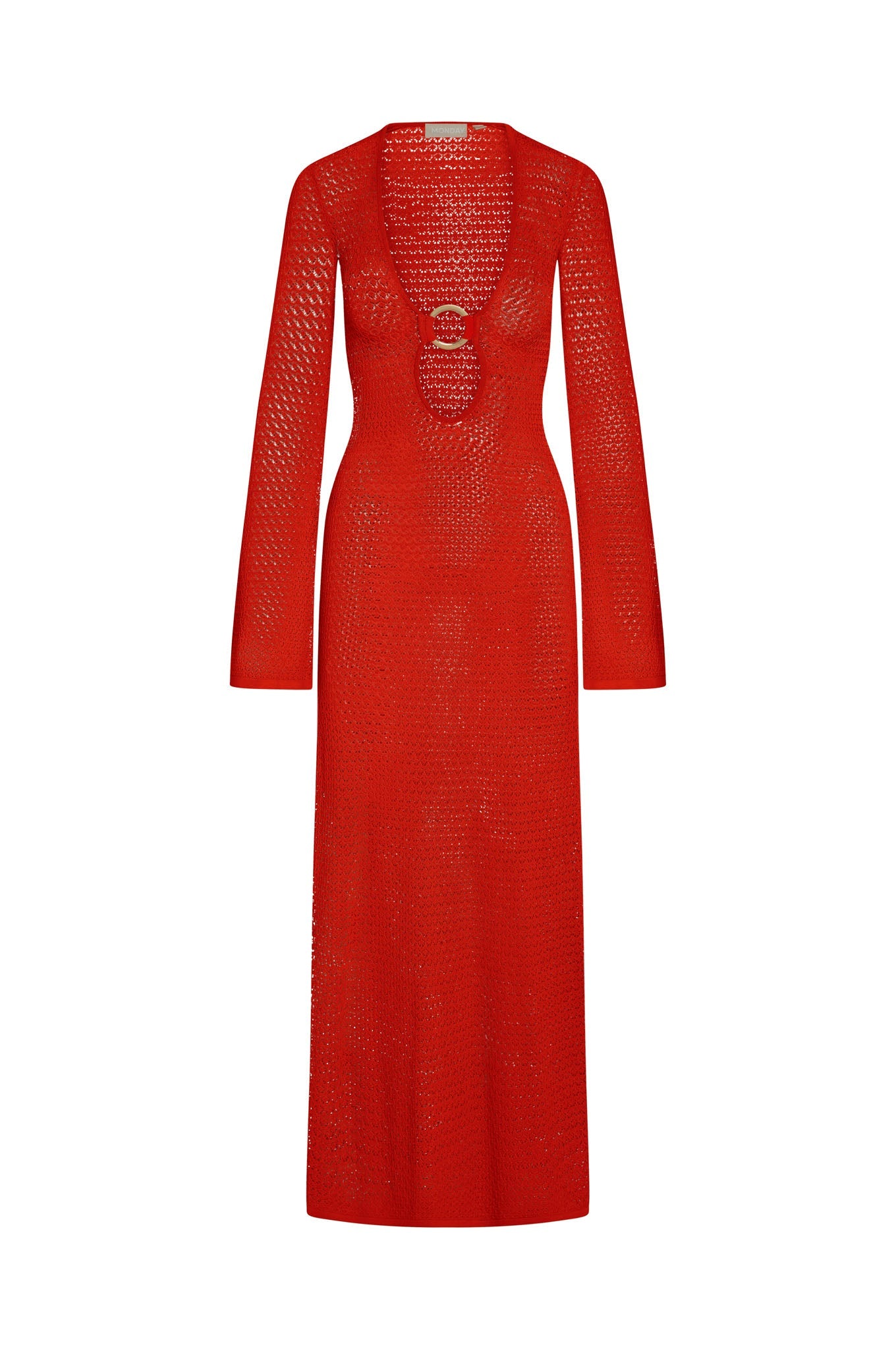 Front view of Montego Dress in chili pepper red crochet with deep V neckline, gold ring detail and long sleeves on white