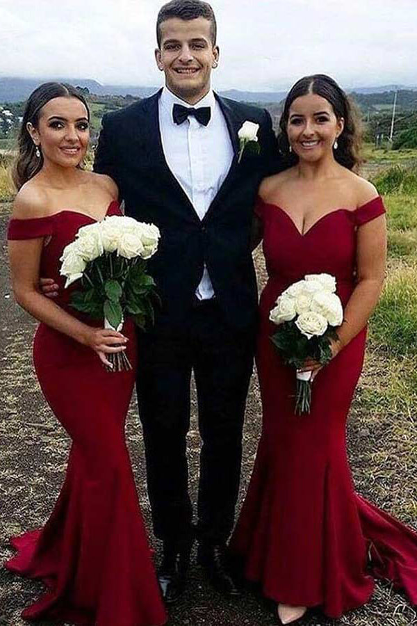 Cheap Dark Red Off The Shoulder Mermaid Bridesmaid Dresses Online,MBD121