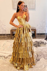 Metallic Gold Strapless Ruffle Tiered Prom Dress - DollyGown