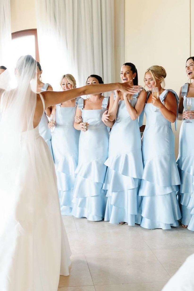 Light Blue Straps with Bows Mermaid Satin Tiered Long Bridesmaid Dress – Bridesmaid Dresses by KissProm | Available at KissProm