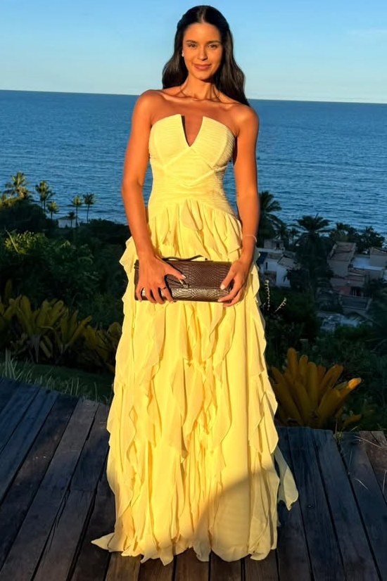 Yellow A-Line Strapless Empire-Waist Ruffles Sleeveless Dress