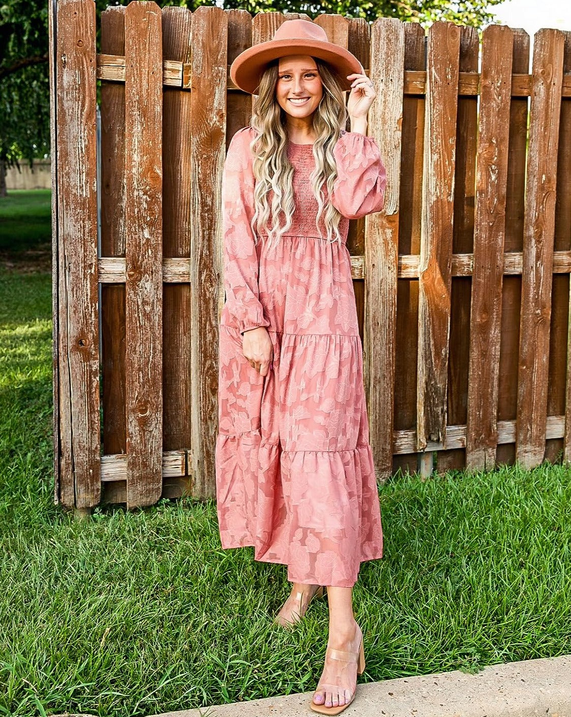 MEROKEETY Floral Textured Long Sleeve Smocked Midi Dress